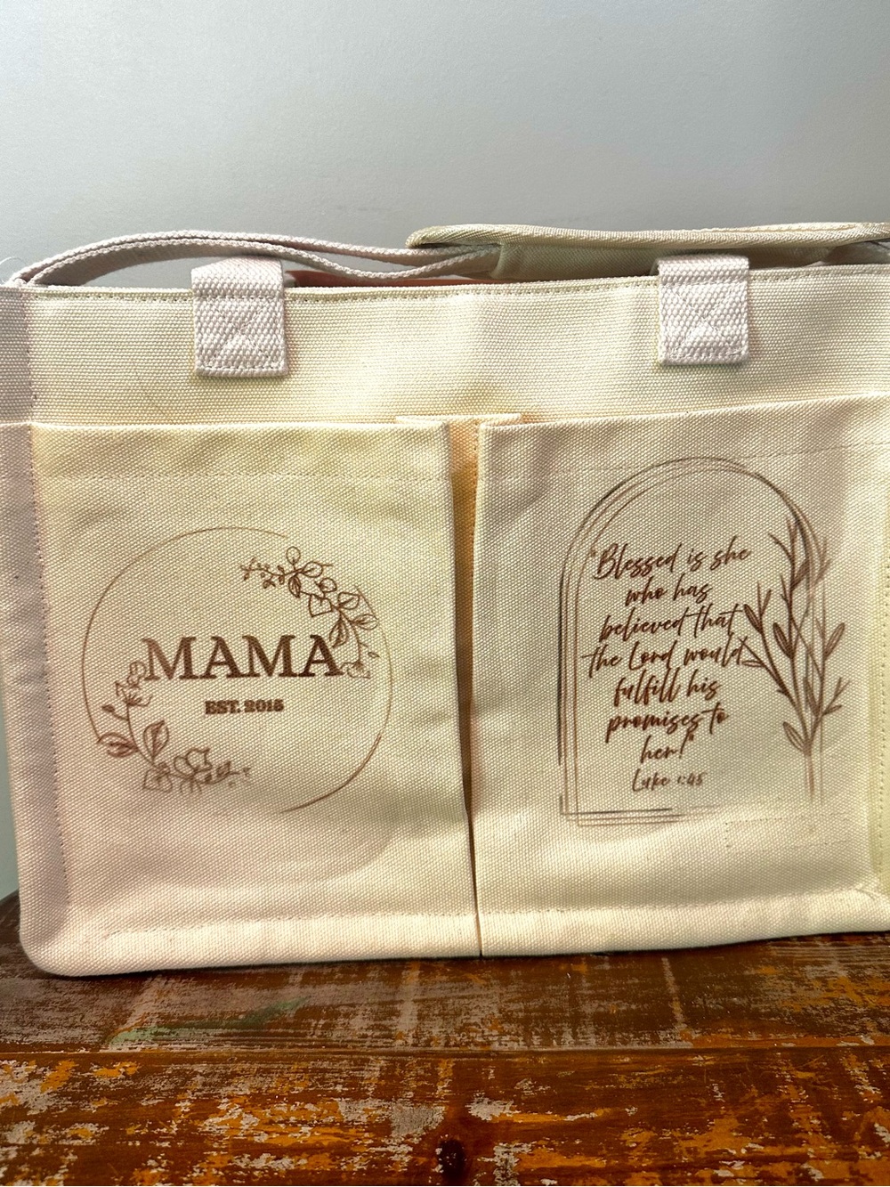 MAMA Canvas Tote Bag with Floral Design - Cream and Brown
